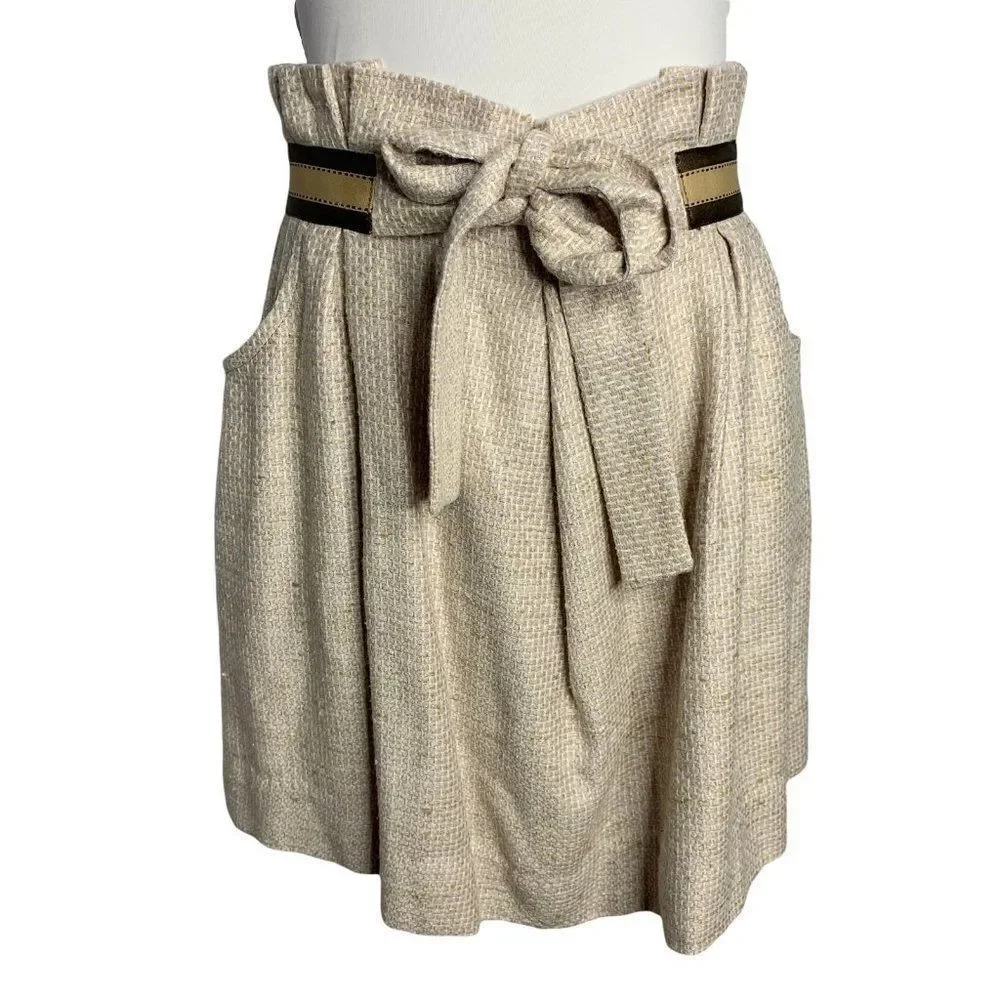 Vintage Silk Paper Bag Waist Mini Skirt S Beige Tie Waist Zip Pockets Pleated